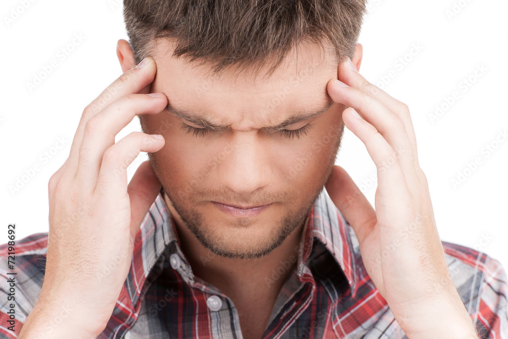 man having headache on white background man having headache on white background
