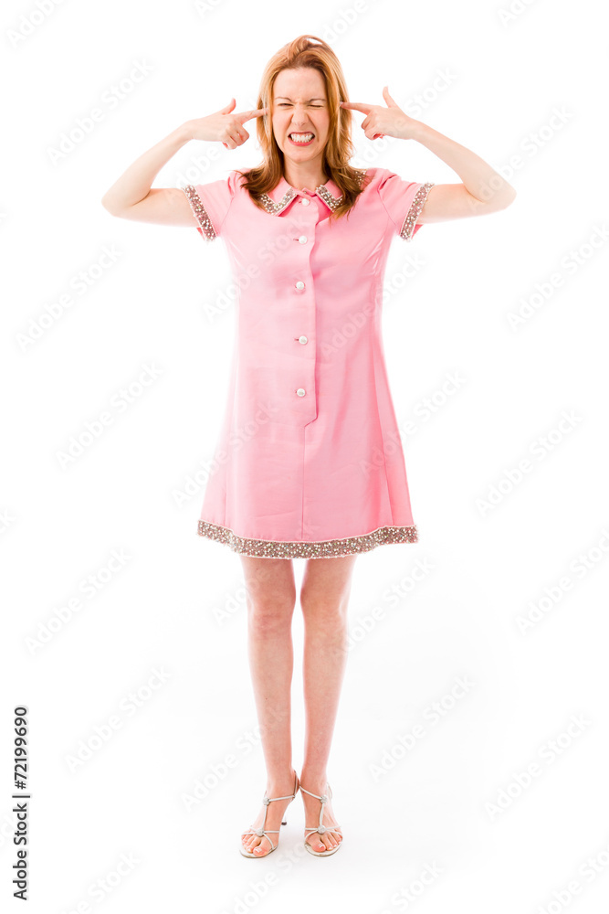 model isolated on plain background plugging ears with fingers model isolated on plain background plugging ears with fingers