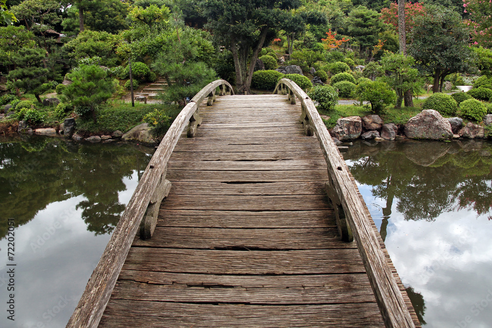 wooden footbridge in japanese garden