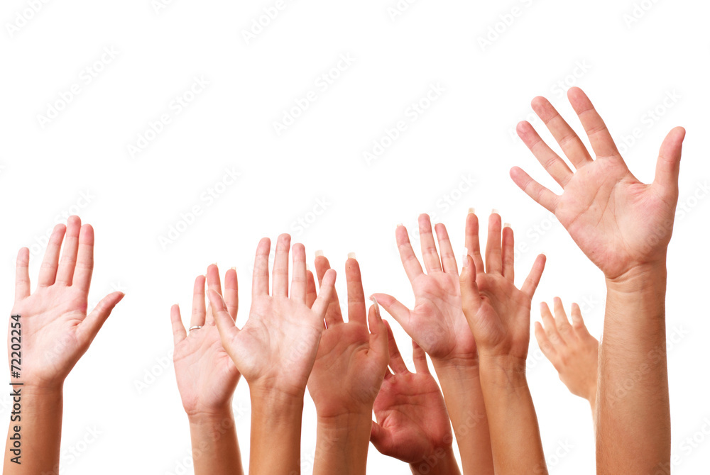 several raising human hands