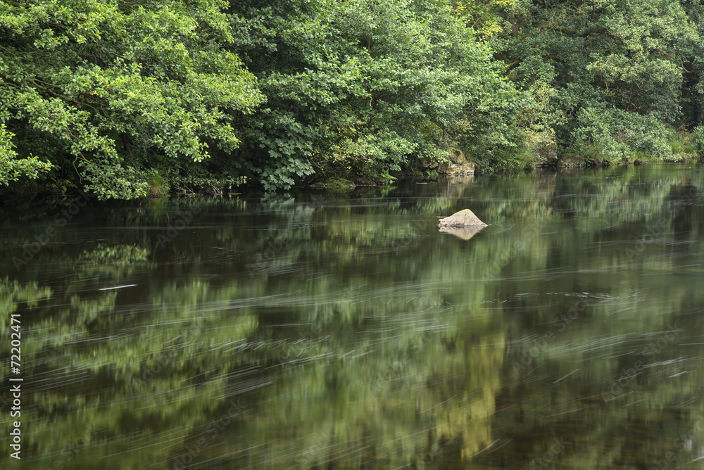 Landscape long exposure of river flowing through lush green fore Landscape long exposure of river flowing through lush green fore