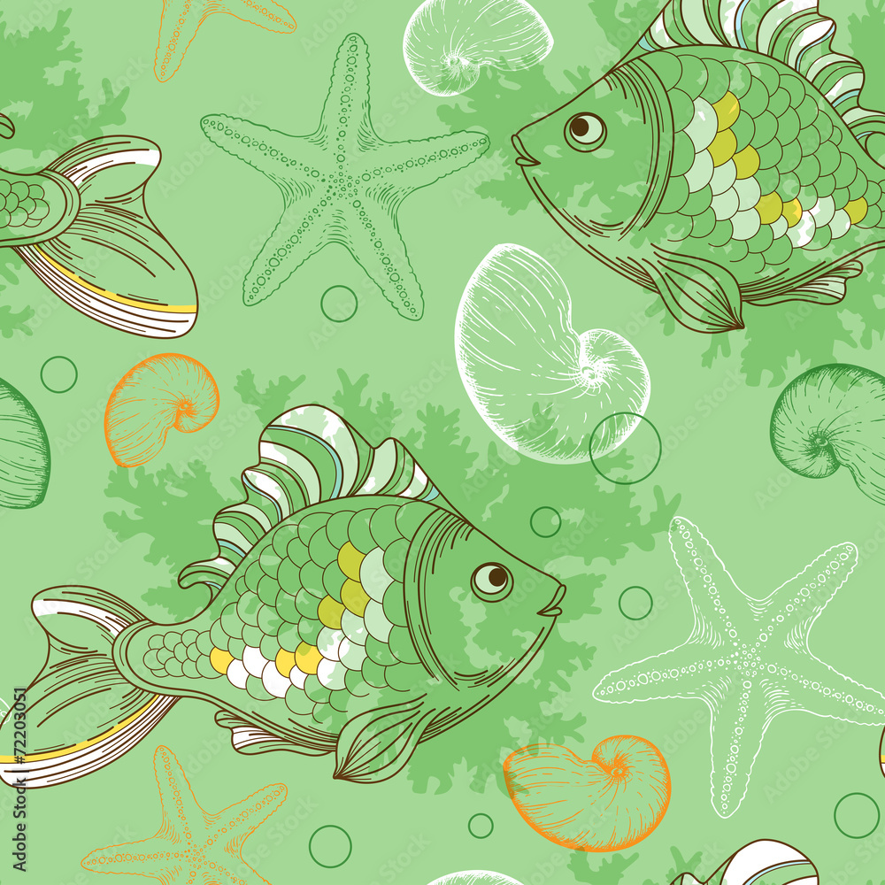 Seamless pattern with tropical fishes and shells Seamless pattern with tropical fishes and shells