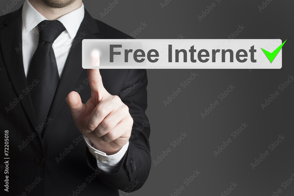 businessman pushing flat button free internet businessman pushing flat button free internet