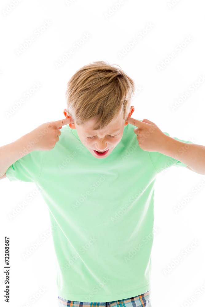 model isolated on plain background plugging ears with fingers model isolated on plain background plugging ears with fingers