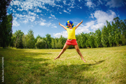 child kid girl with party clown blue wig funny happy