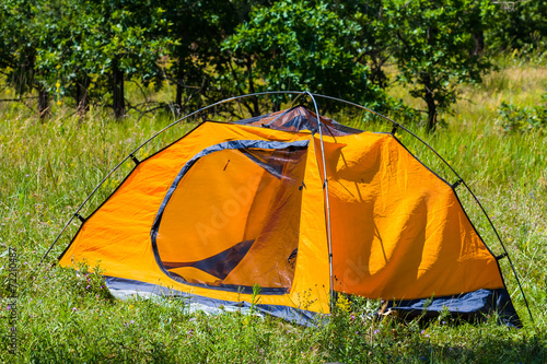 orange tent on a forest glade