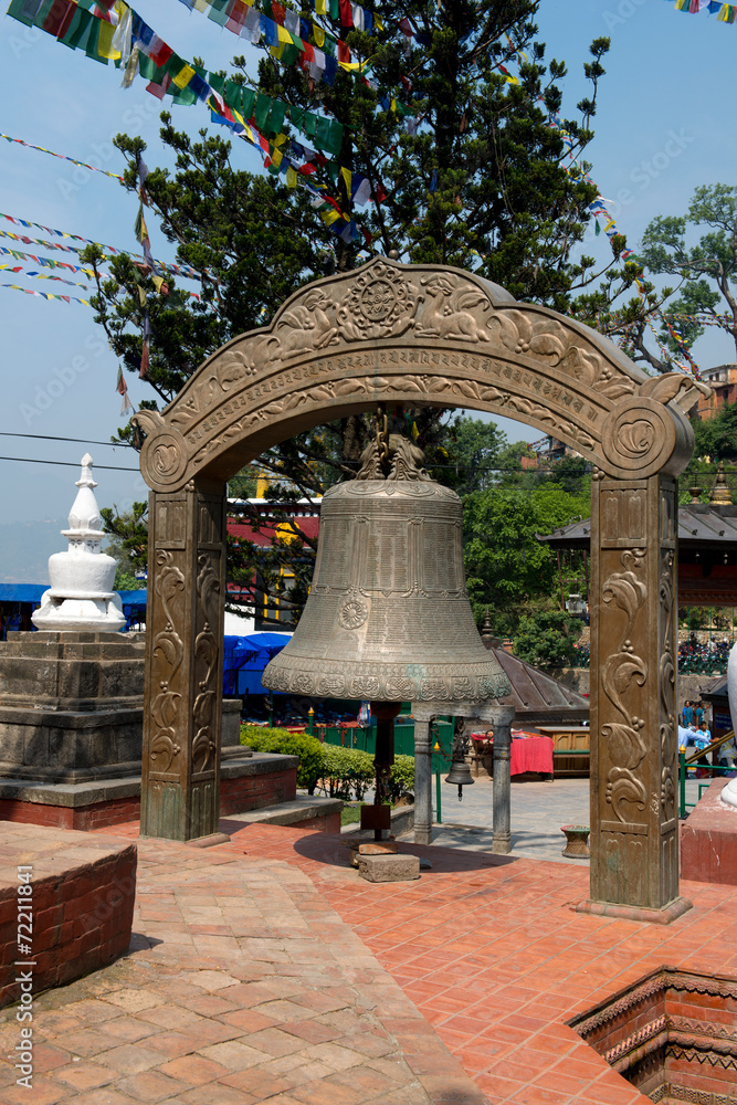 Obraz premium Bell in Swayambhunath religious complex aka Monkey Temple - ancient religious complex, on the west of Kathmandu city.