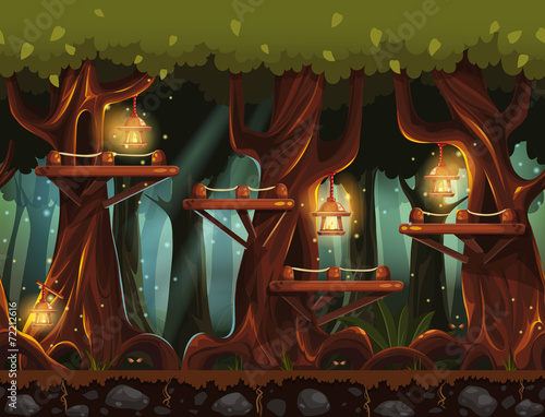 Seamless background fabulous night forest with lanterns, firefli