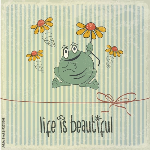 Retro illustration with happy frog and phrase "Life is beautiful