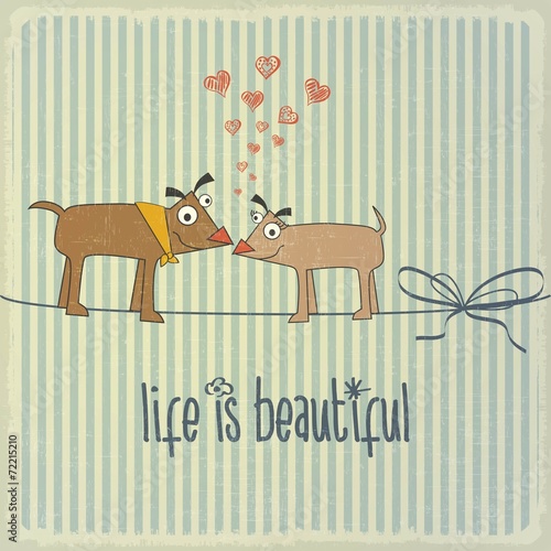 Retro illustration with happy couple dogs in love and phrase "Li