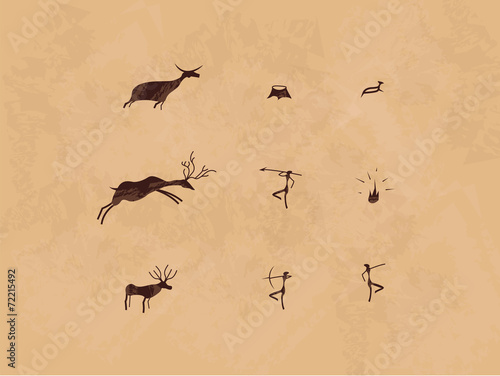 Prehistoric cave painting icon set. Mural.