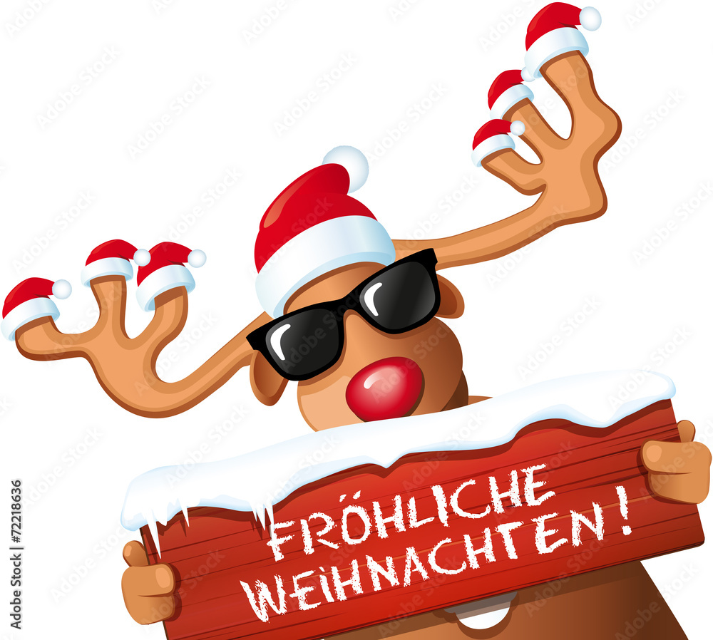 Rentier mit Weihnachtsmützen auf Geweih hält Schild