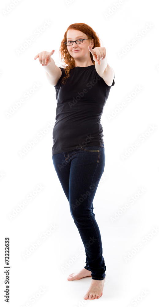 model isolated on plain background fingers pointing to camera model isolated on plain background fingers pointing to camera