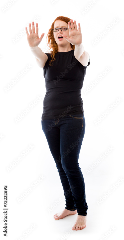 model isolated on plain background stop sign with hands model isolated on plain background stop sign with hands