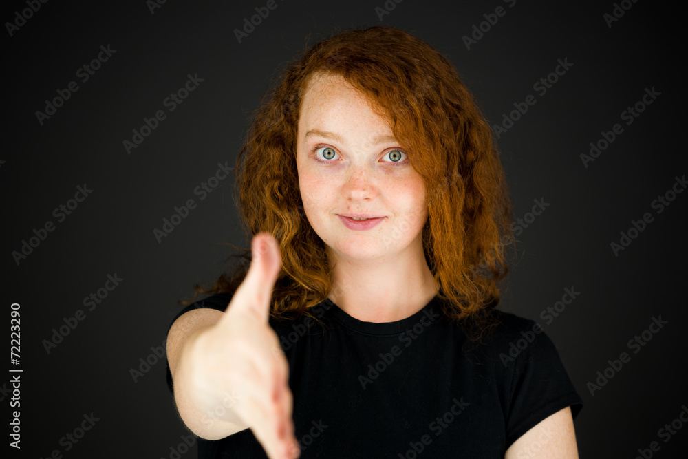 model isolated on plain background greetings hand shake model isolated on plain background greetings hand shake