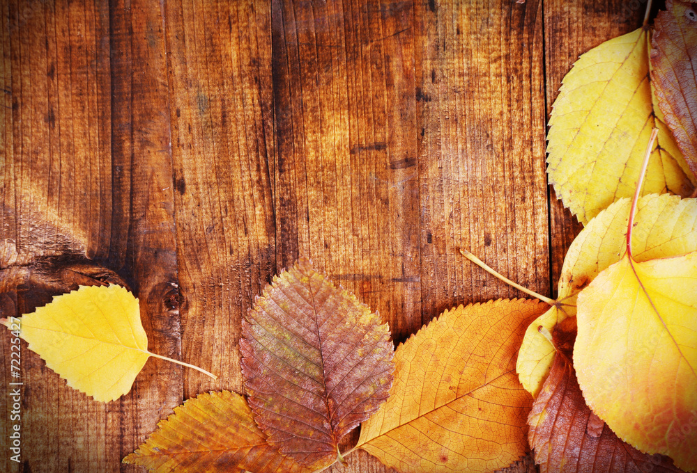 Autumn leaves on brown wooden background Autumn leaves on brown wooden background