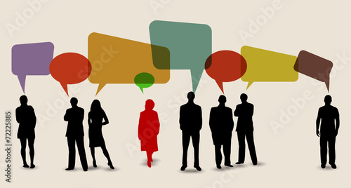 Social media in speech bubbles with group of people