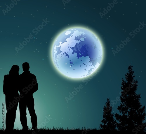 couple silhouette with full moon background and pine tree