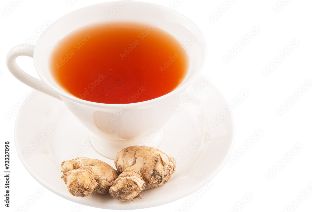 Ginger root and a cup of tea over white background Ginger root and a cup of tea over white background