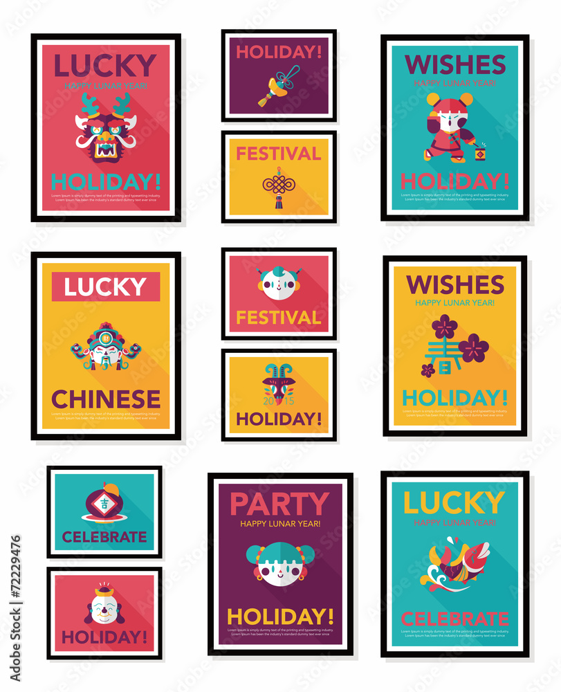 Chinese New Year poster flat banner design flat background set, Chinese New Year poster flat banner design flat background set,