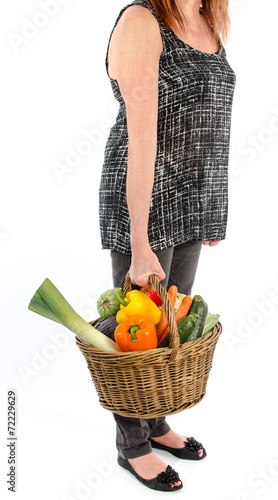 Woman holding a basket full of vegetables