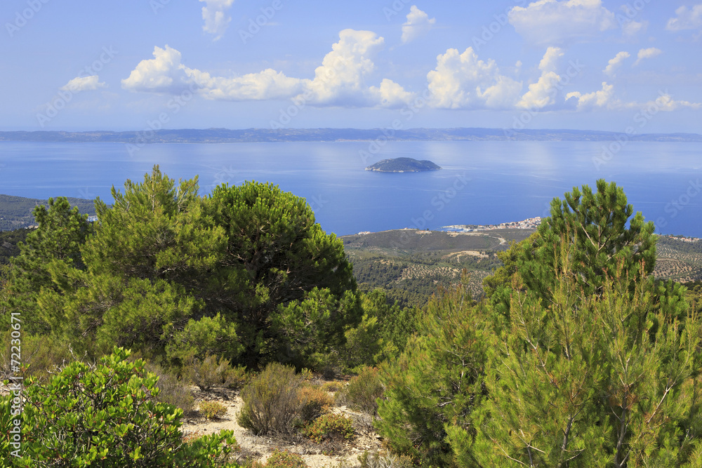 View from the mountains to the coast of Aegean Sea.