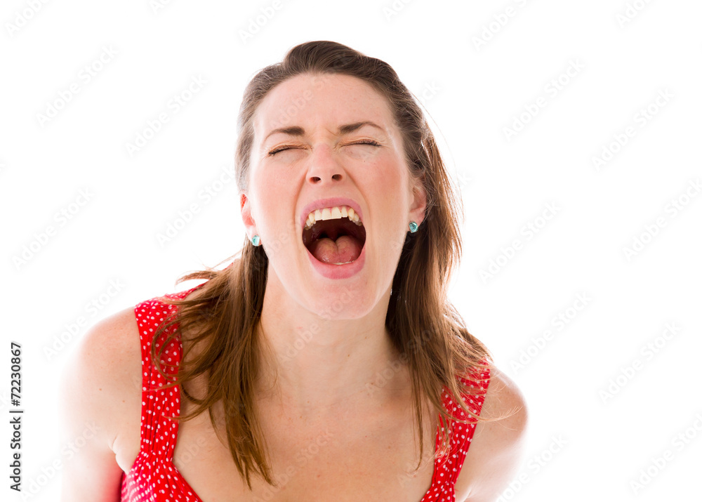 model isolated on plain background furious screaming model isolated on plain background furious screaming