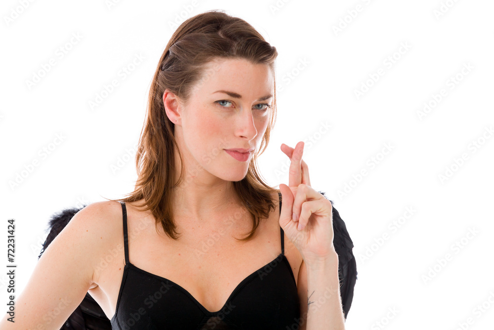 model isolated with fingers crossed for luck model isolated with fingers crossed for luck