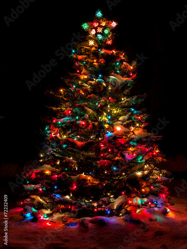 Snow Covered Christmas Tree with Multi Colored Lights