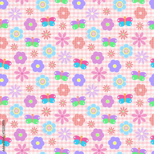 Seamless vector background with colorful flowers and butterflies