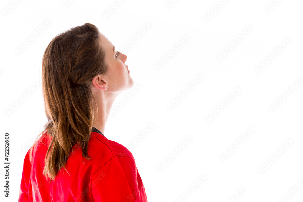 model isolated on plain background back looking behind model isolated on plain background back looking behind