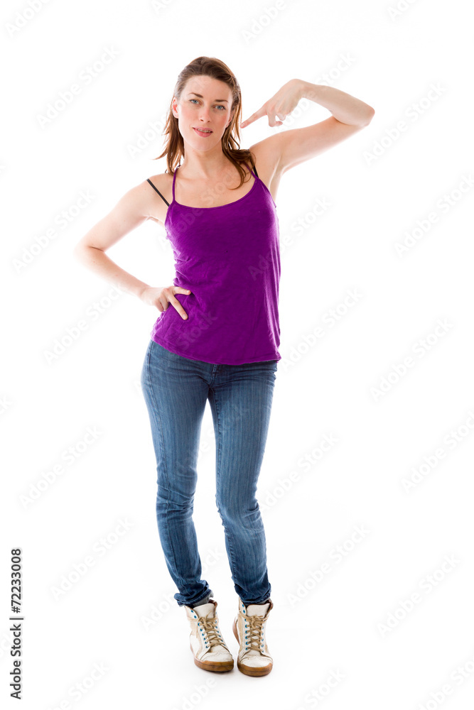 model isolated on plain background pointing to herself model isolated on plain background pointing to herself