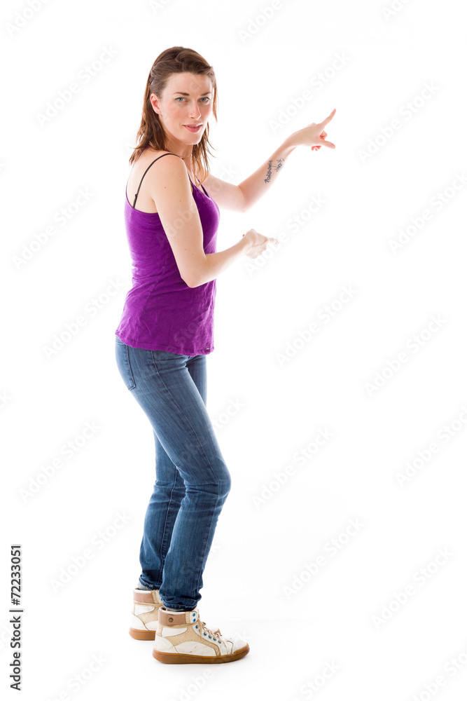 model isolated on plain background looking at camera pointing model isolated on plain background looking at camera pointing