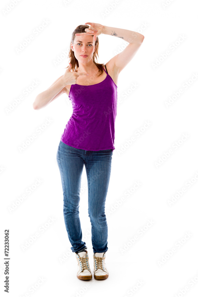 model isolated on plain background hand gesture framing focusing model isolated on plain background hand gesture framing focusing