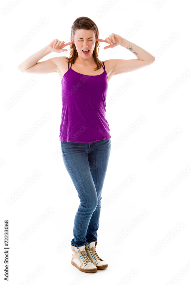 model isolated on plain background plugging ears with fingers model isolated on plain background plugging ears with fingers