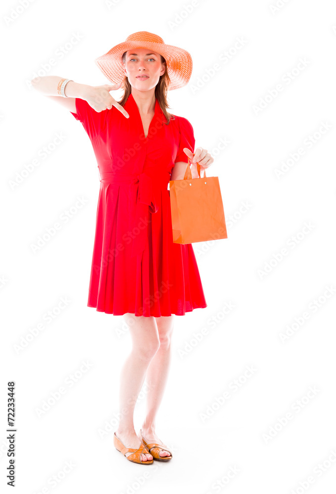 model isolated on plain background pointing to herself model isolated on plain background pointing to herself