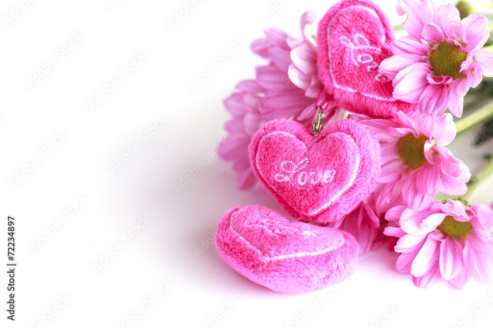 Fototapeta premium valentine heart fabric with pink chrysanthemum- Stock Image