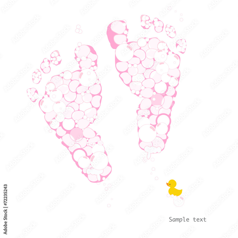 Baby girl foot prints with soap bubbles and duck vector Baby girl foot prints with soap bubbles and duck vector
