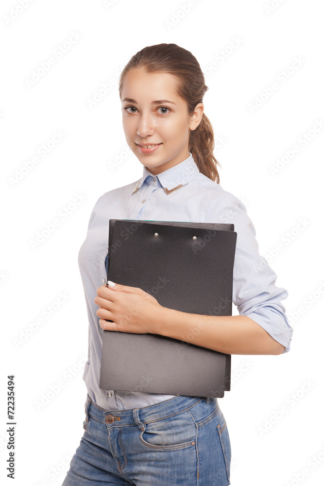 Smiling business woman with paper folder isolated Smiling business woman with paper folder isolated