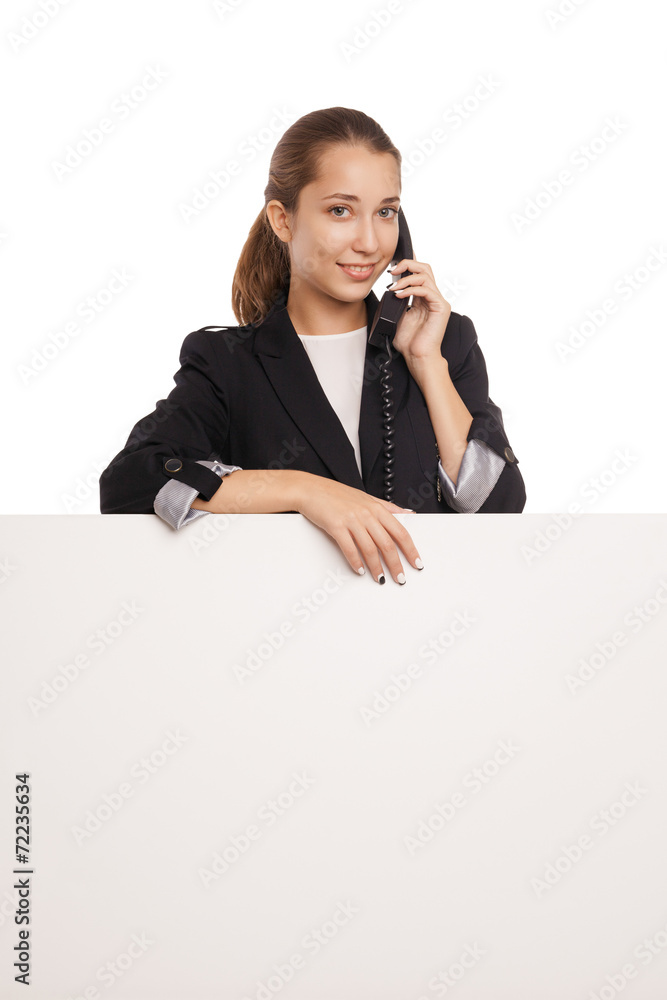 Beautiful business woman holding blank billboard Beautiful business woman holding blank billboard
