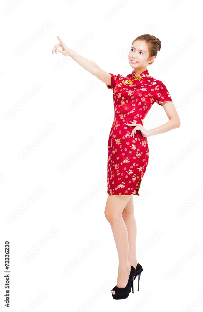 smiling young chinese woman pointing something smiling young chinese woman pointing something