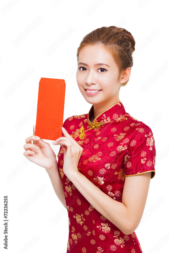 beautiful young asian woman showing red bag for lucky beautiful young asian woman showing red bag for lucky