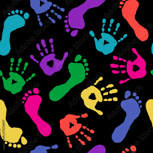 Footprints and hands on a black background