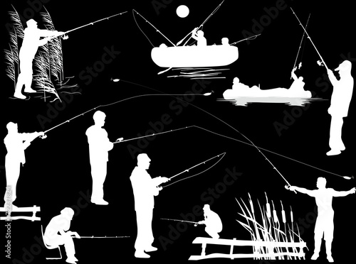 collection of white fishermen silhouettes isolated on black