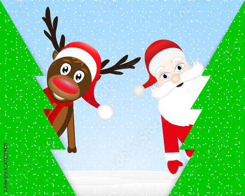 Christmas reindeer and Santa Claus in forest