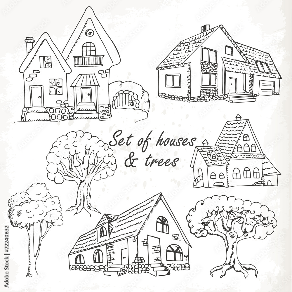 Set of houses and trees. Vector illustration