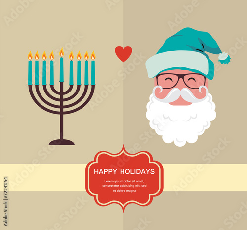 happy holidays, jewish holiday menorah and Xmas Santa