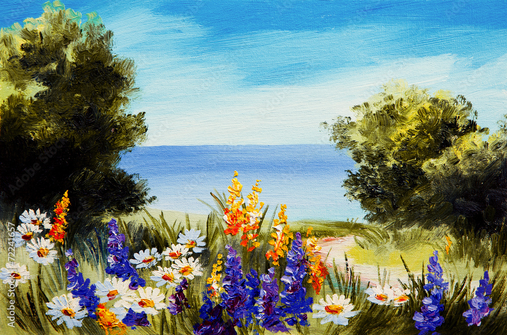 Fototapeta premium oil painting flowers near the sea, camomile field