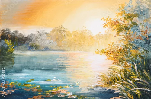 Obraz malarstwo - zachód słońca nad jeziorem