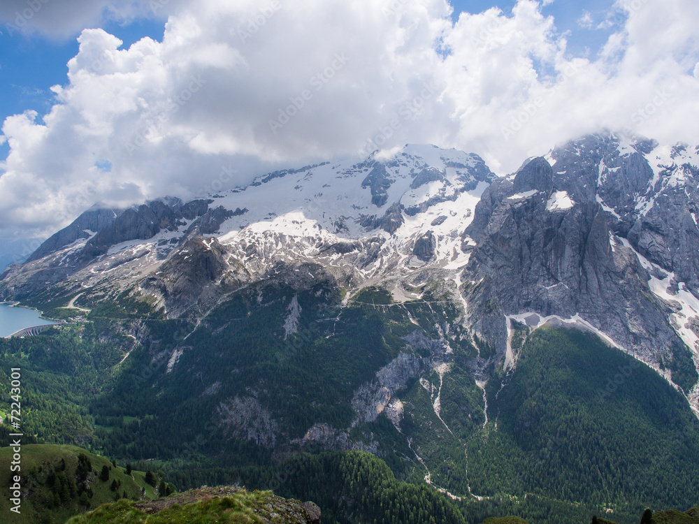 Glacier Marmolada and lake Federa, Dolomites